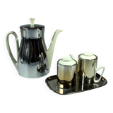 Cafetière avec couvercle chauffant isolé en métal en ensemble avec pot à lait et sucrier, Vintage