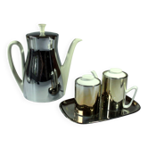 Coffee pot with metal isolated warming hood as a set with milk jug and sugar bowl, Vintage