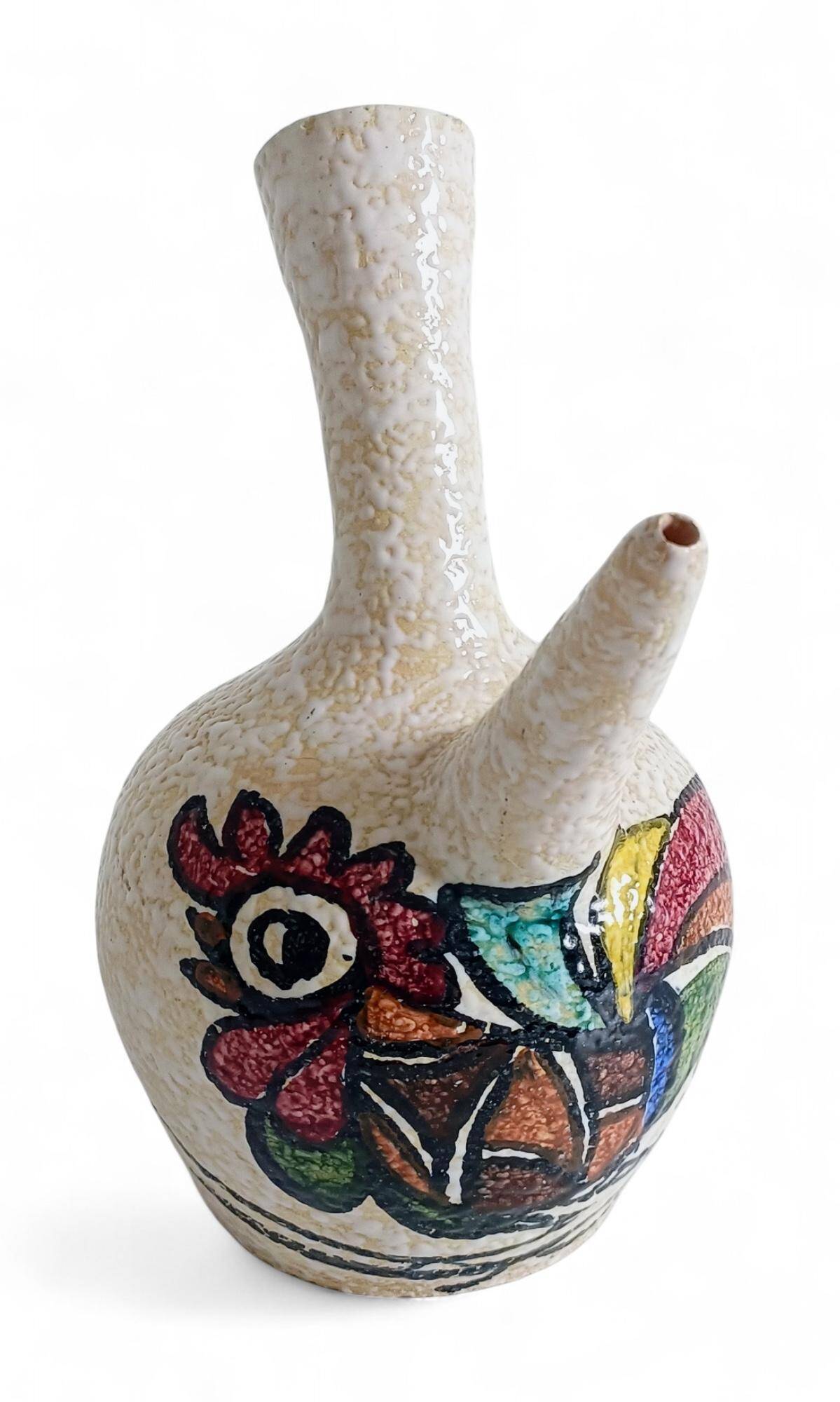 Vintage Spanish Ceramic Porrón, Hand-Painted Rooster, 1960s