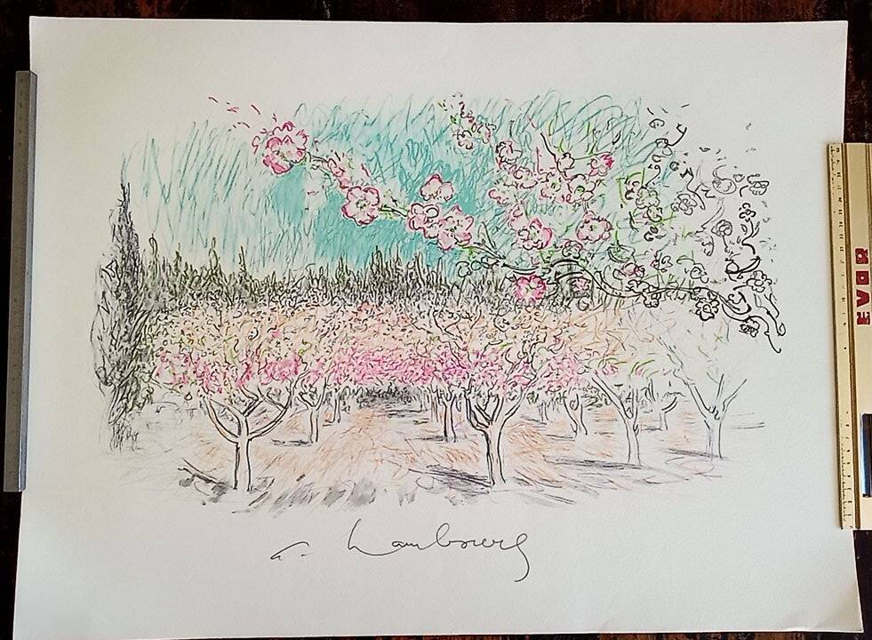 Art print on arches sheet - 48 x 65 cm, signed, apple trees in bloom
