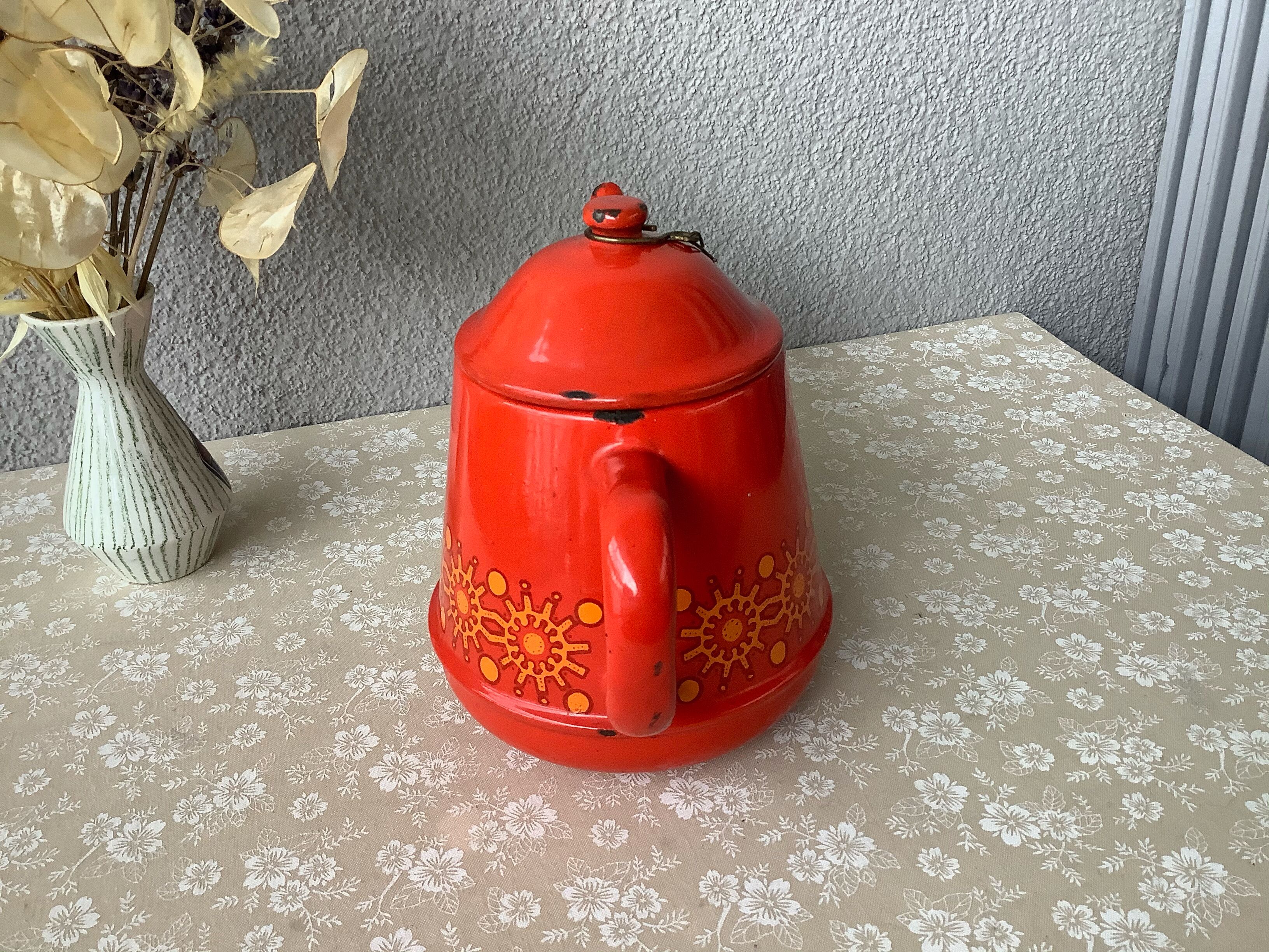Vintage red enamelled tin teapot