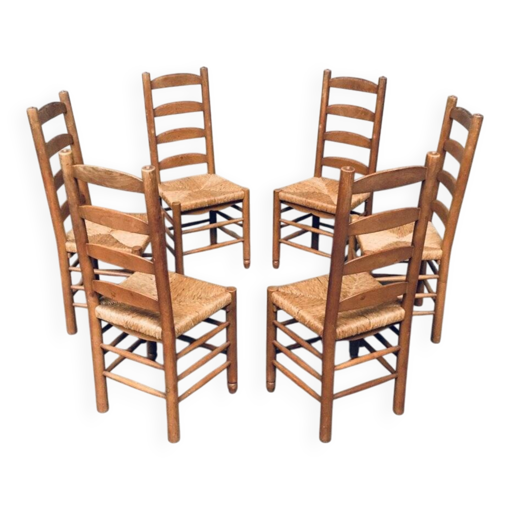 Rustic Oak and Rush High Ladder Back Dining Chairs, Belgium, 1950s, Set of 6