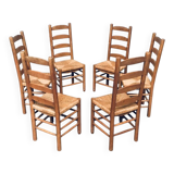 Rustic Oak and Rush High Ladder Back Dining Chairs, Belgium, 1950s, Set of 6