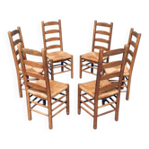 Rustic Oak and Rush High Ladder Back Dining Chairs, Belgium, 1950s, Set of 6