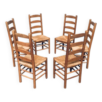 Rustic Oak and Rush High Ladder Back Dining Chairs, Belgium, 1950s, Set of 6