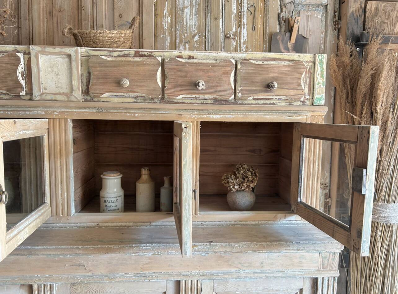 Old wooden grocery store cabinet, display cases and drawers