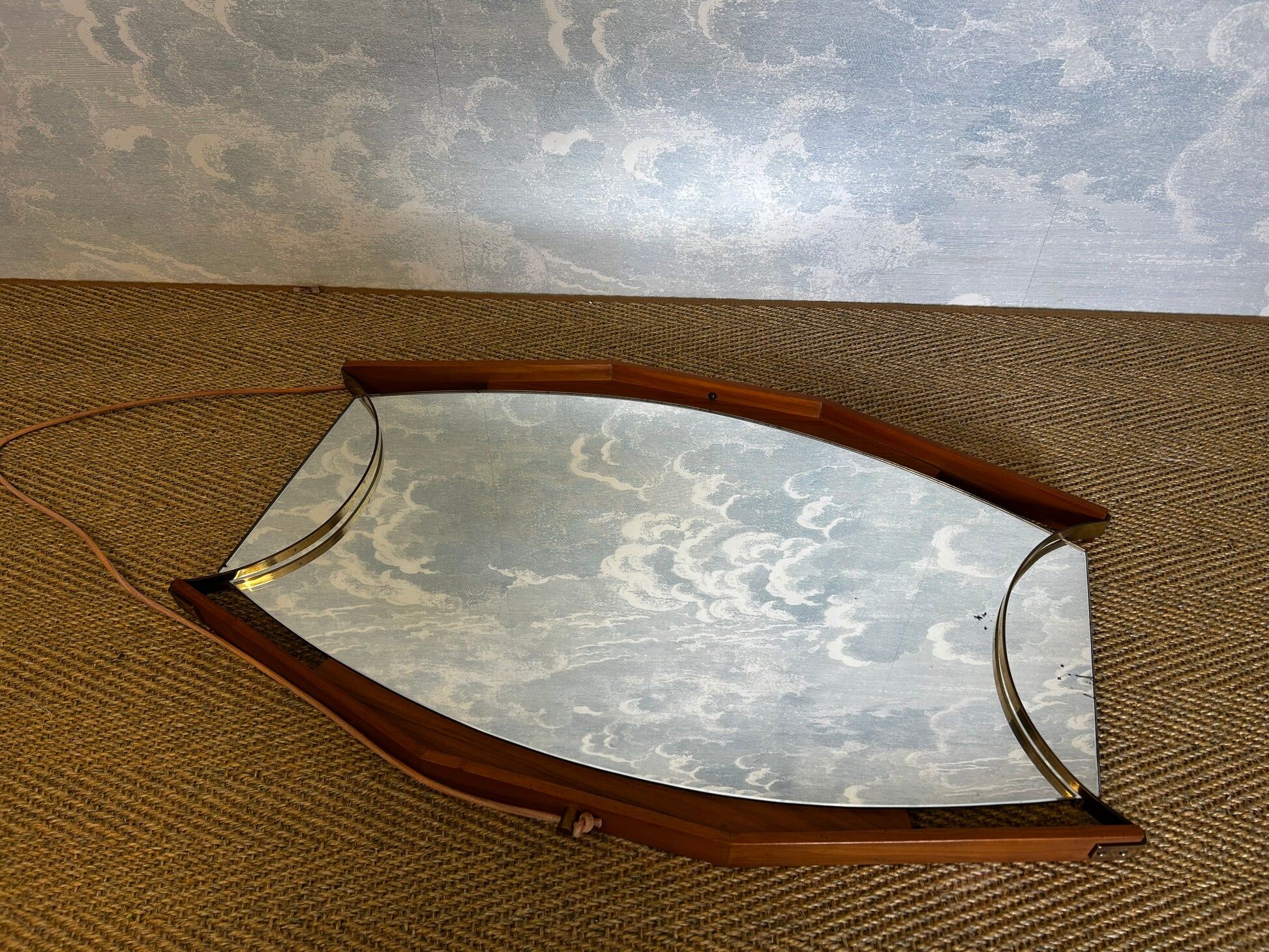 Wall mirror with brass detail and leather mounting, Vetreria Andreini, Ravenna, Italy, 1950s