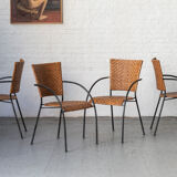 Set of 4 stackable dining chairs in steel and rattan, 1970s
