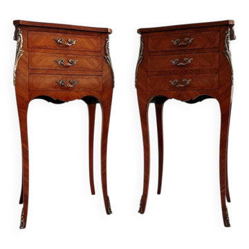 Tables de chevet Louis XV en marqueterie florale, années 1940, ensemble de 2