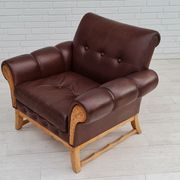 Fauteuil danois vintage, années 1970, cuir, bois de chêne