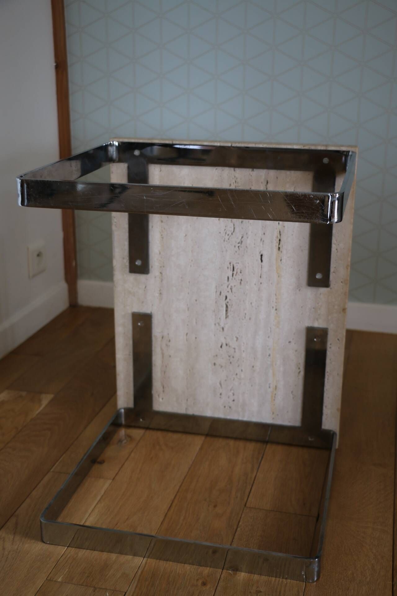 2 nesting tables chrome steel travertine