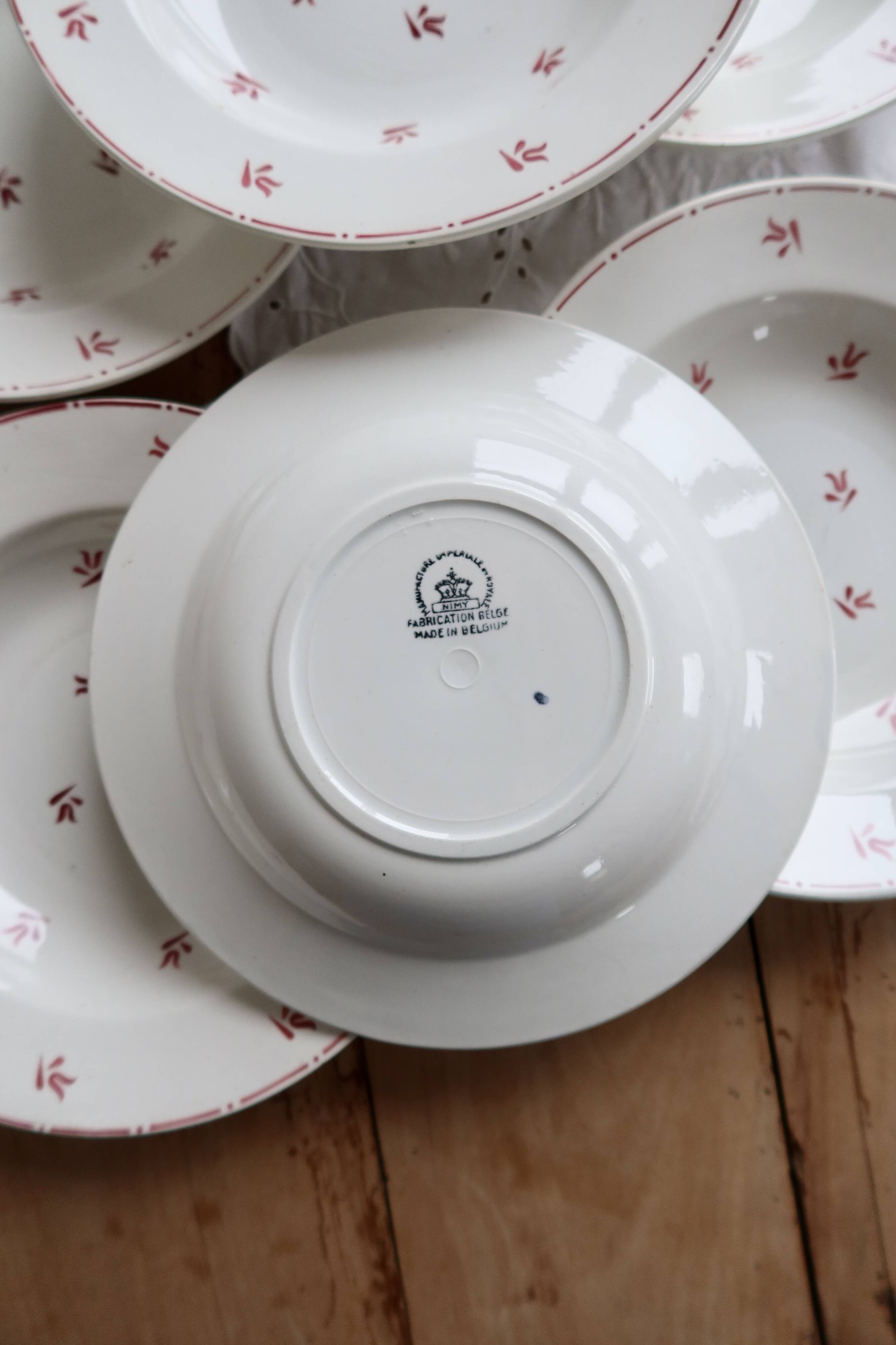 6 vintage white earthenware deep plates with red patterns