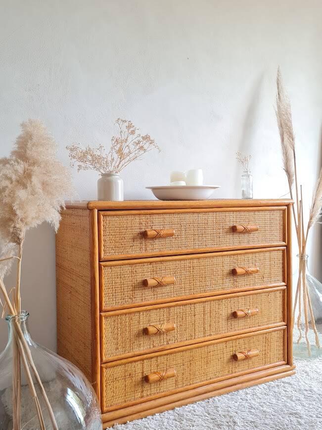 Vintage rattan chest of drawers circa 70s