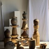 Stool, side table, end table in solid suar wood, spheres H50 D39.