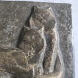 Bas-relief plaque of a rabbit in brown patina, seated cat