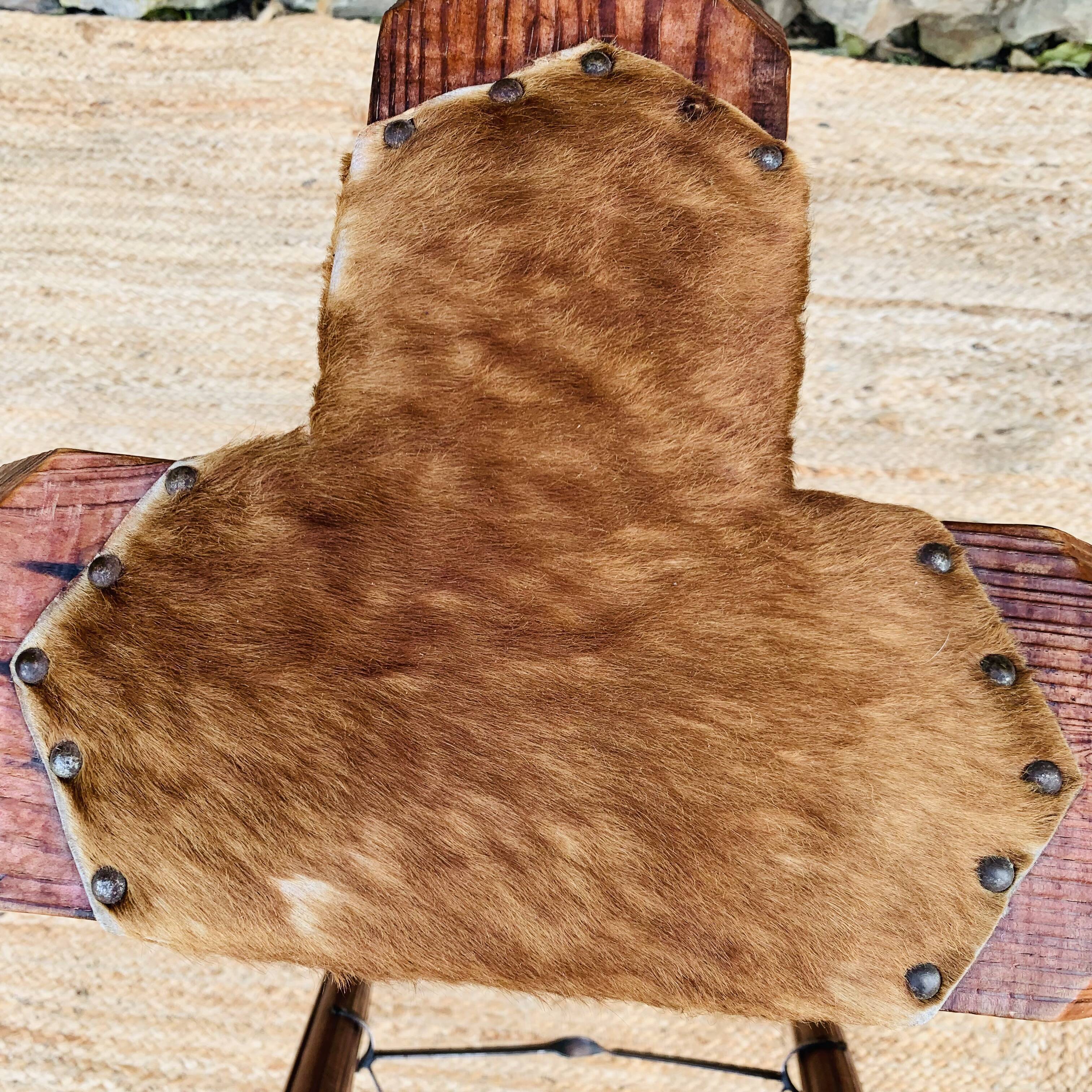 Set of 2 vintage high stools in cowhide and wood