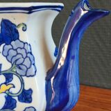 Cobalt blue teapot with flower pattern. Hexagonal teapot