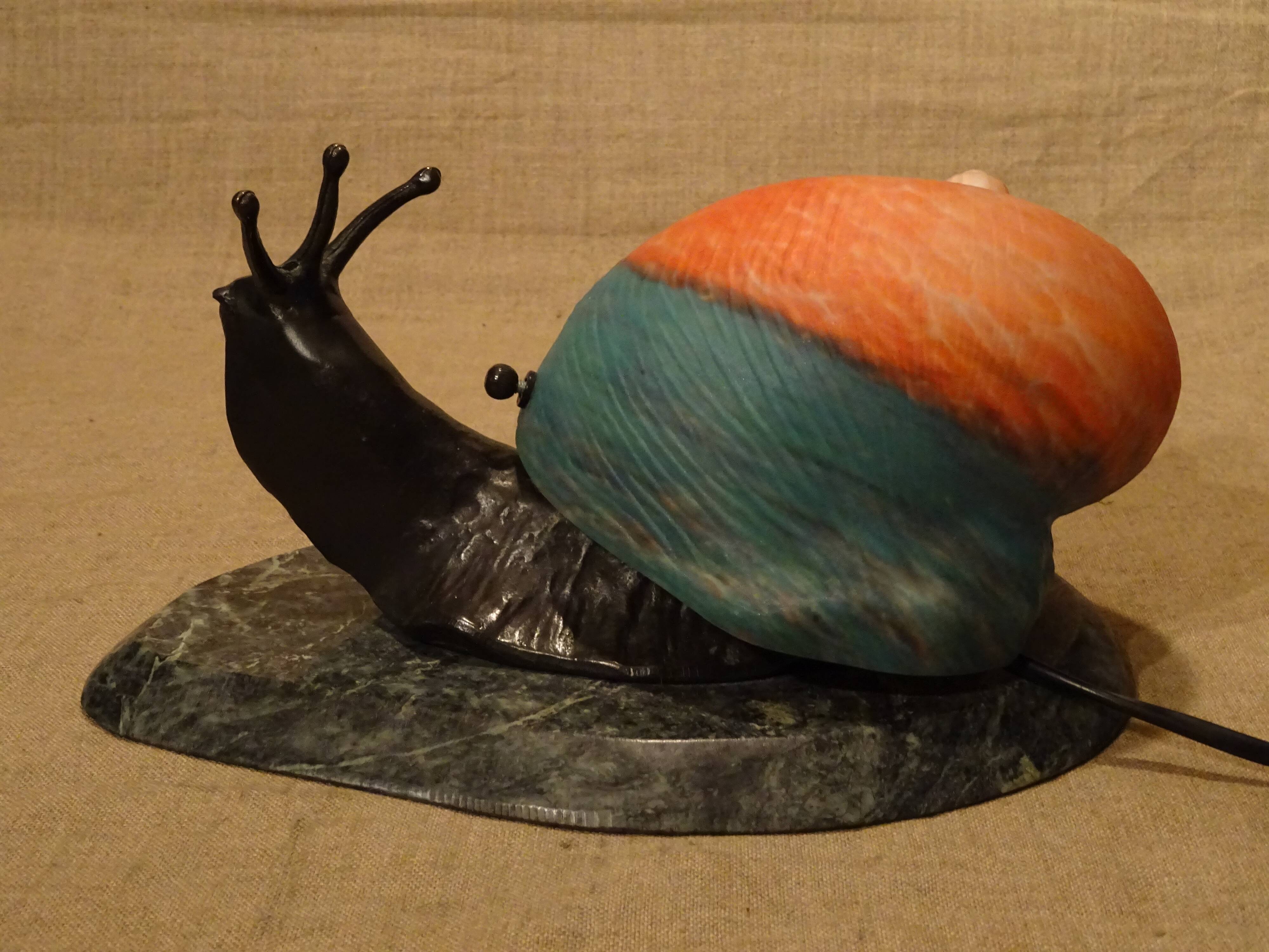 Bronze snail nightlight patinated glass shell lined marble base ref A208/12
