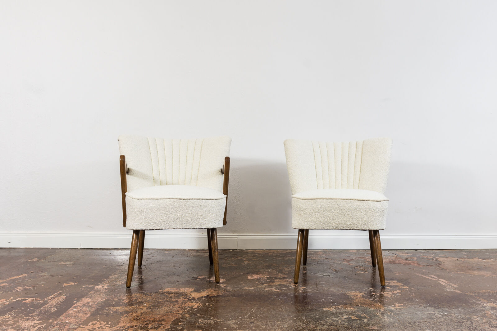 Pair of white cream boucle cocktail chairs, 1950s