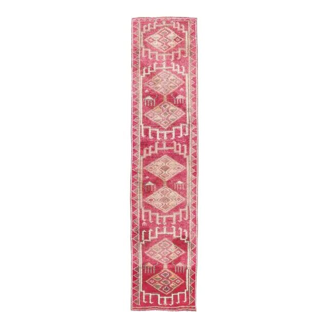 Vintage Pink Geometric Turkish Hand-Knotted Runner 80x361