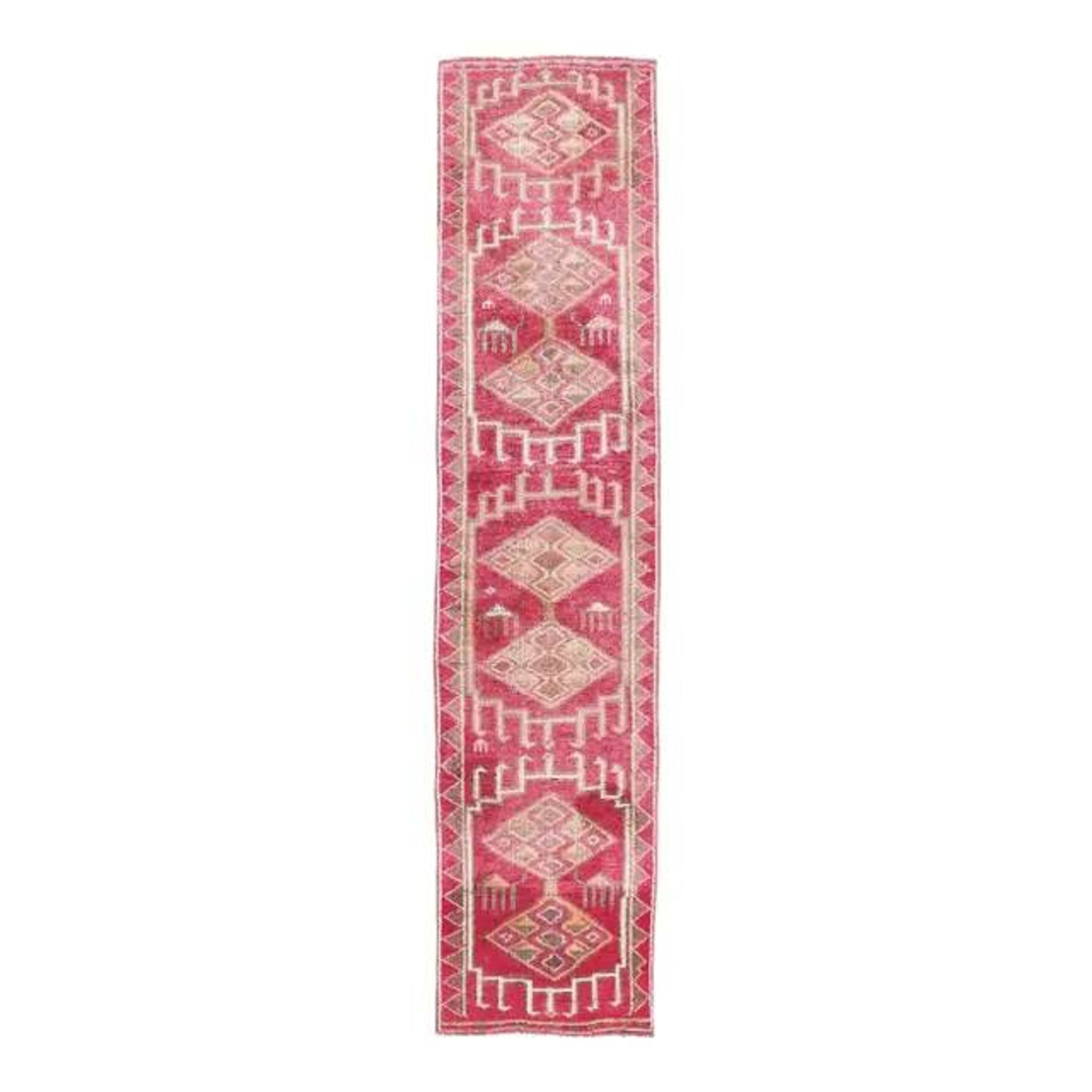 Vintage Pink Geometric Turkish Hand-Knotted Runner 80x361