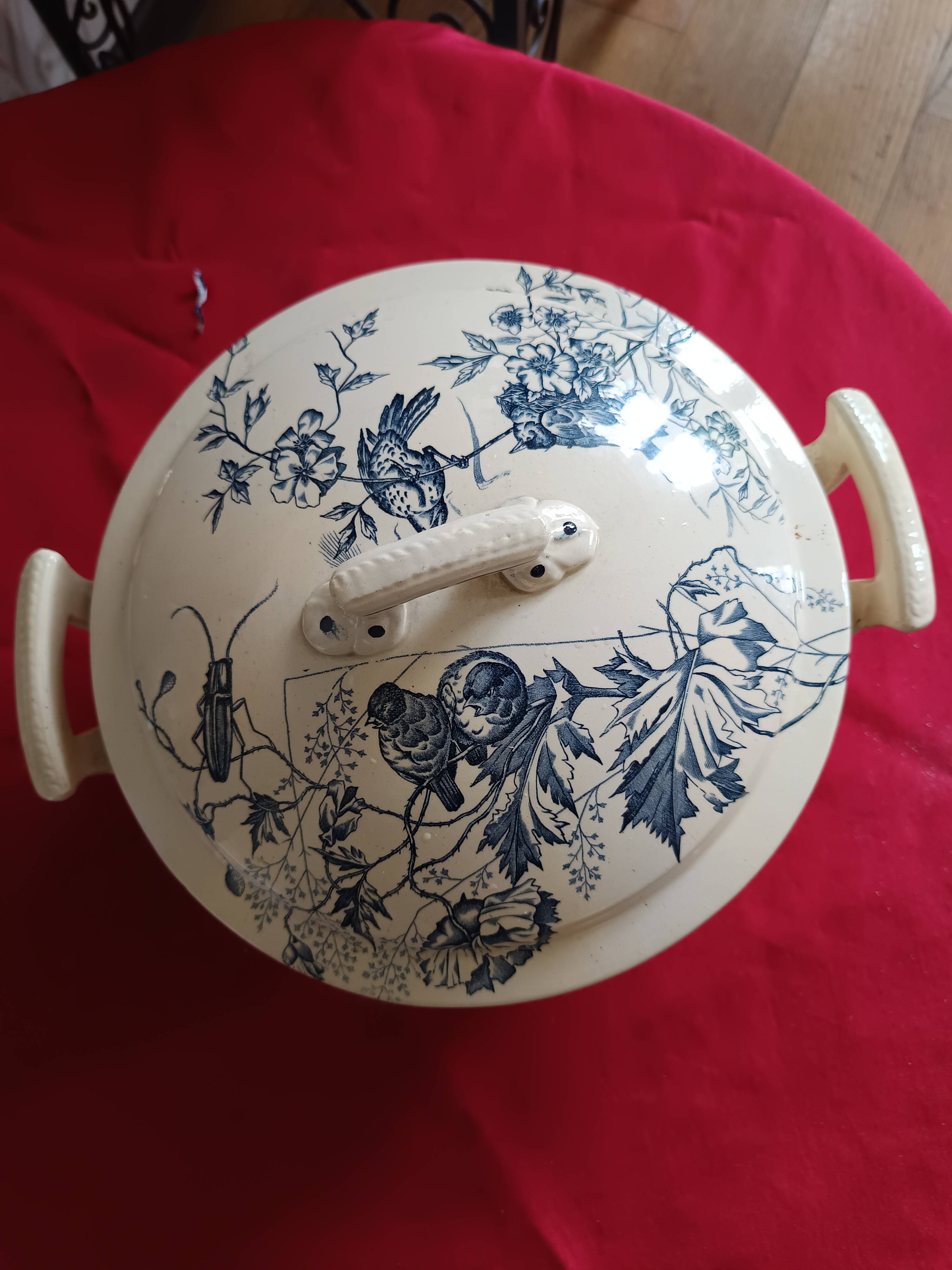 antique soup tureen Terre de Feu 1920/1930 with a decoration of birds and insects