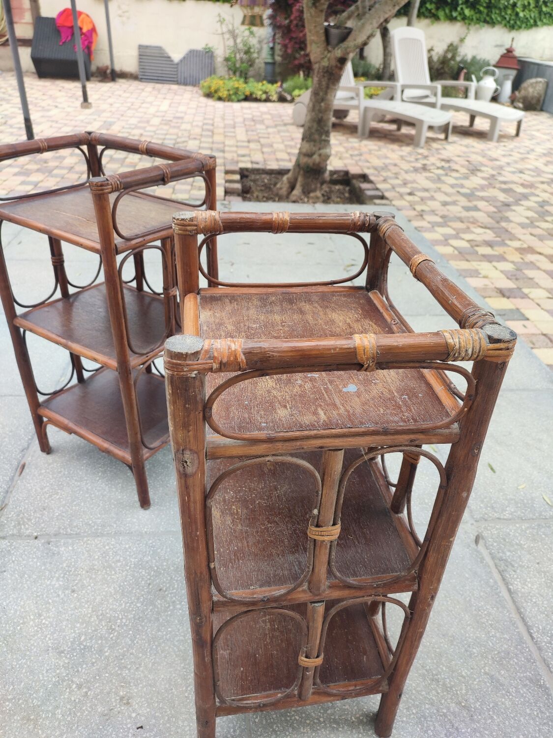 Vintage rattan bedside table pair