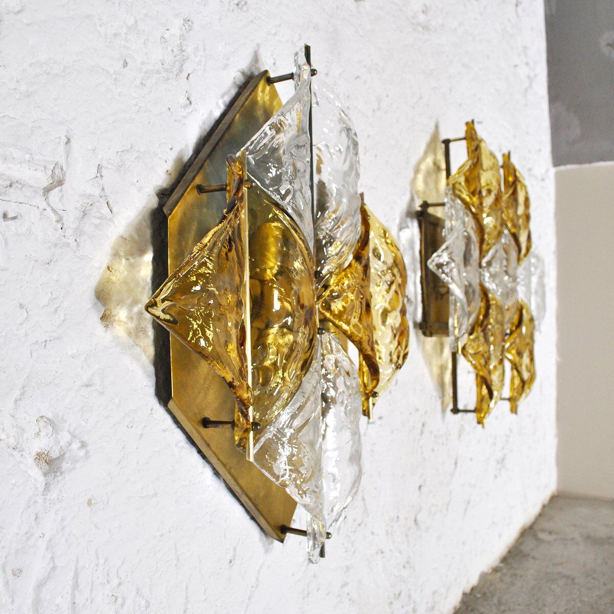 Amber glass and brass wall light by Mazzega, set of 2.