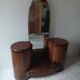 Coiffeuse Art Déco en bois marron avec miroir et armoires latérales Shrager Brothers (1930s)