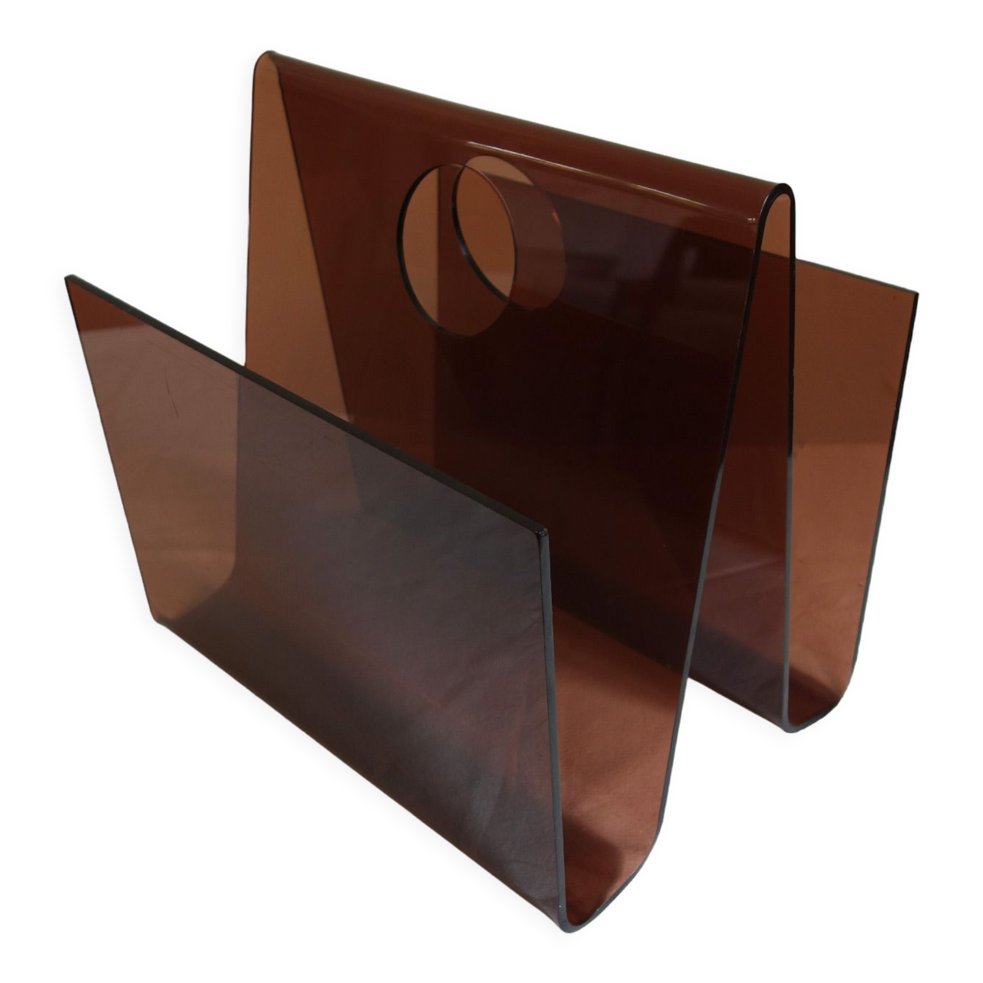 Smoked plexiglass magazine holder, 70s