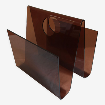 Smoked plexiglass magazine holder, 70s