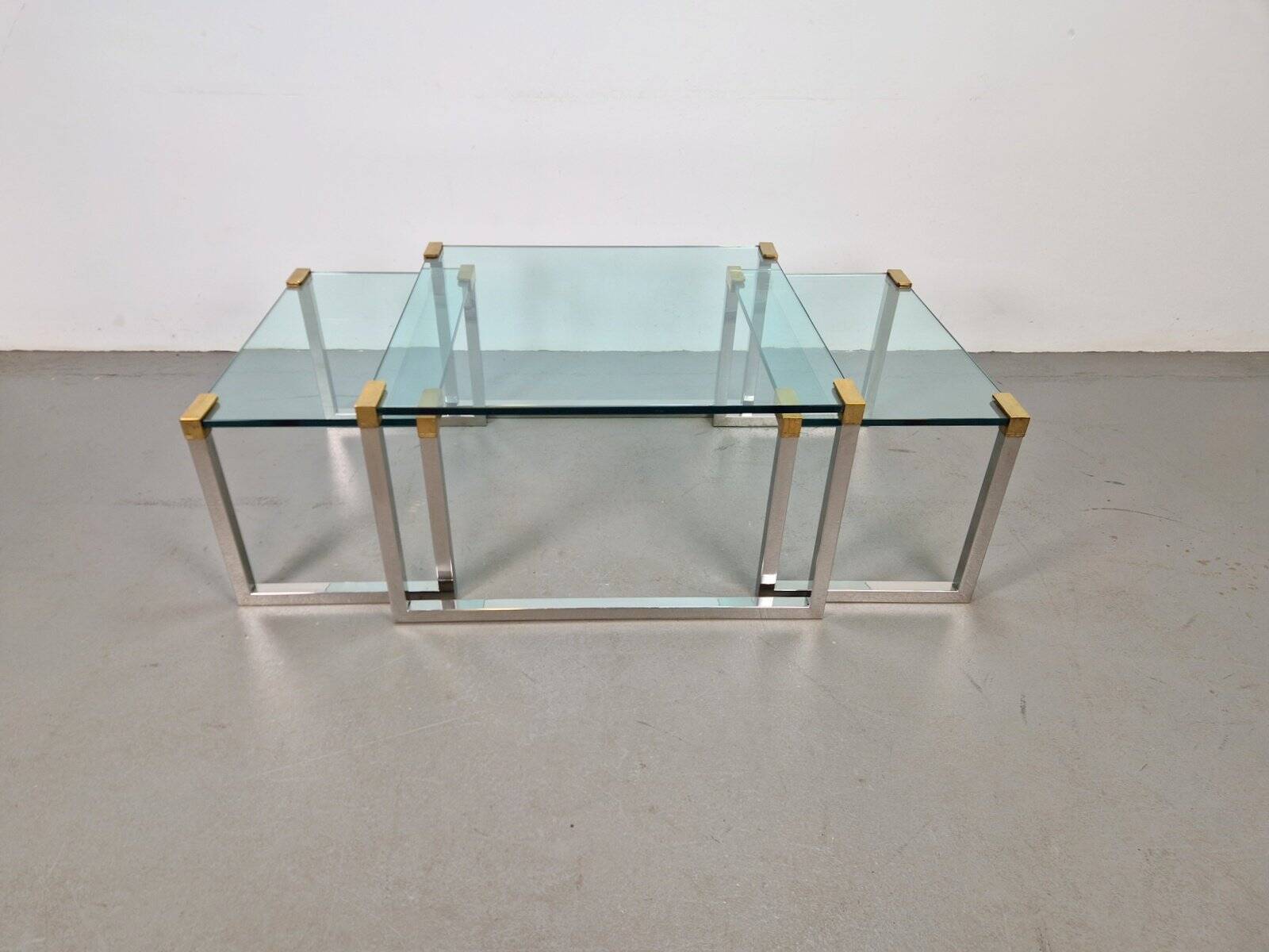 T53 Coffee and Side Tables in Brass and Glass by Peter Ghyczy, 1970s, Set of 3