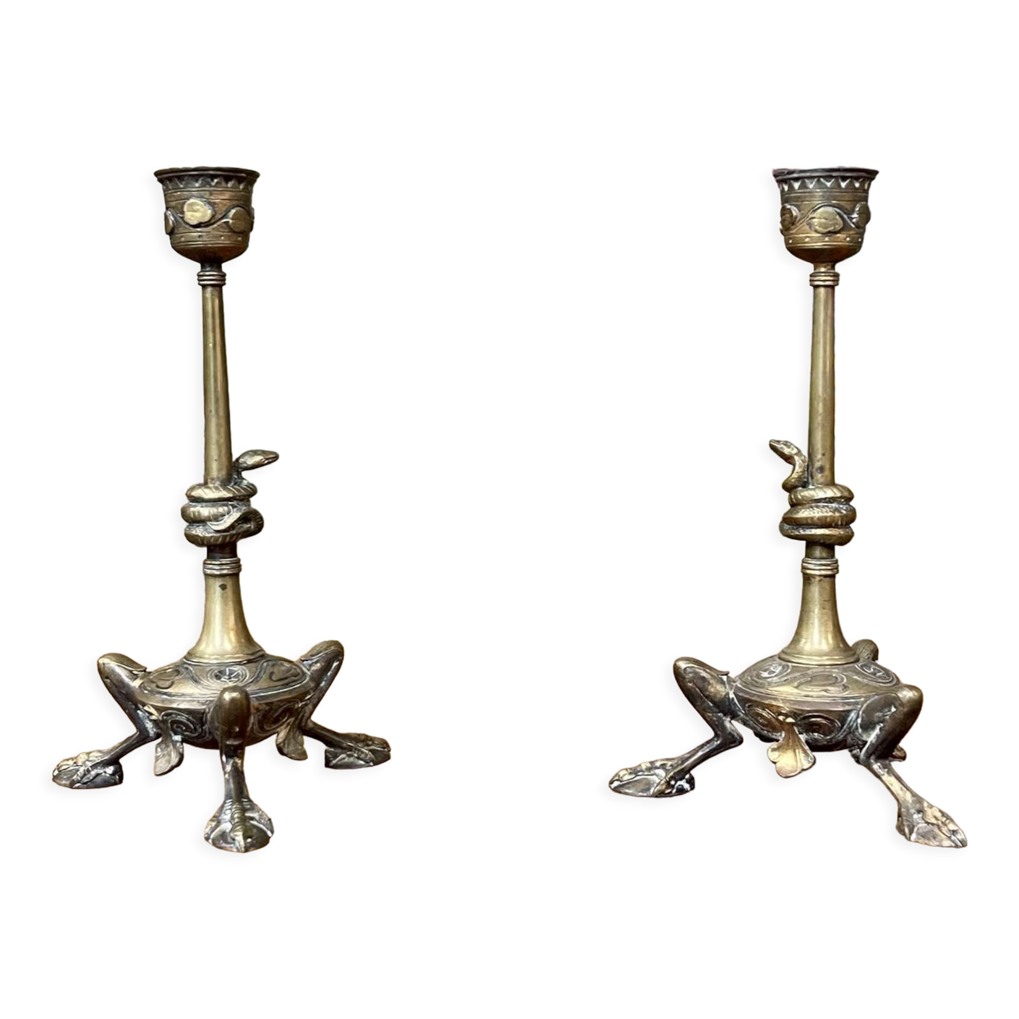 Pair of bronze candle holders XIXth decoration snakes