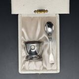 Duo of egg cup and its small white metal spoon (silverware) Ercuis