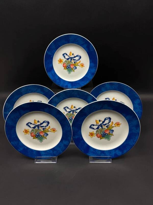 6 Bernardaud Limoges Borghese dessert plates with blue rim and fruit ribbon