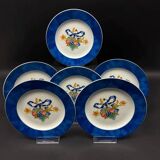 6 Bernardaud Limoges Borghese dessert plates with blue rim and fruit ribbon