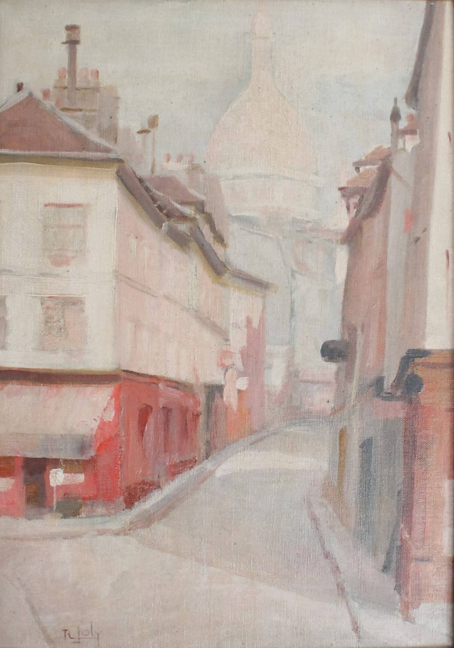 R. Joly "Rue Norvins in Montmartre with a view of the Sacré-Cœur" oil on canvas
