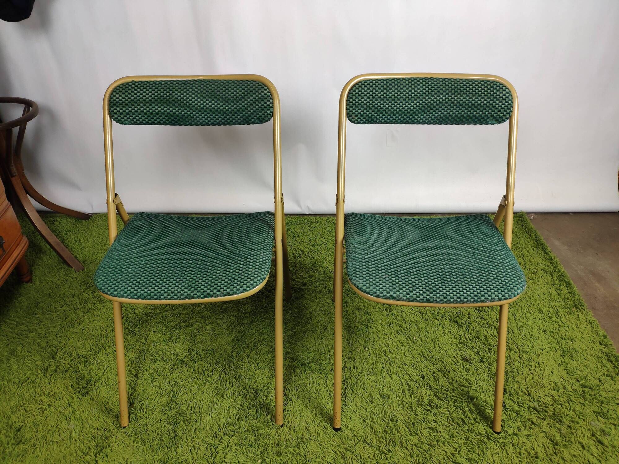 Lot of 4 folding chairs striped fabrics and green metal year 60