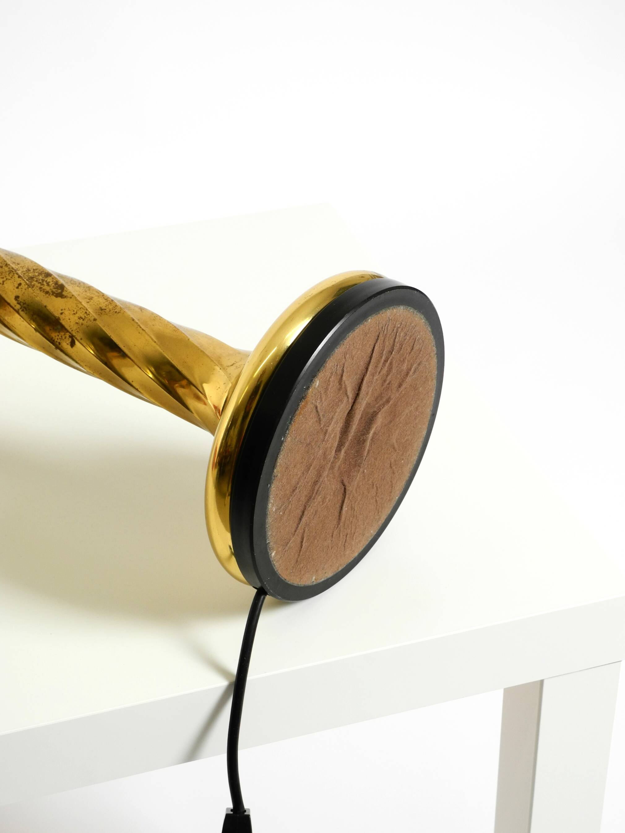 Large 1960s brass column-style table lamp with frosted glass globe
