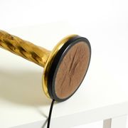 Large 1960s brass column-style table lamp with frosted glass globe
