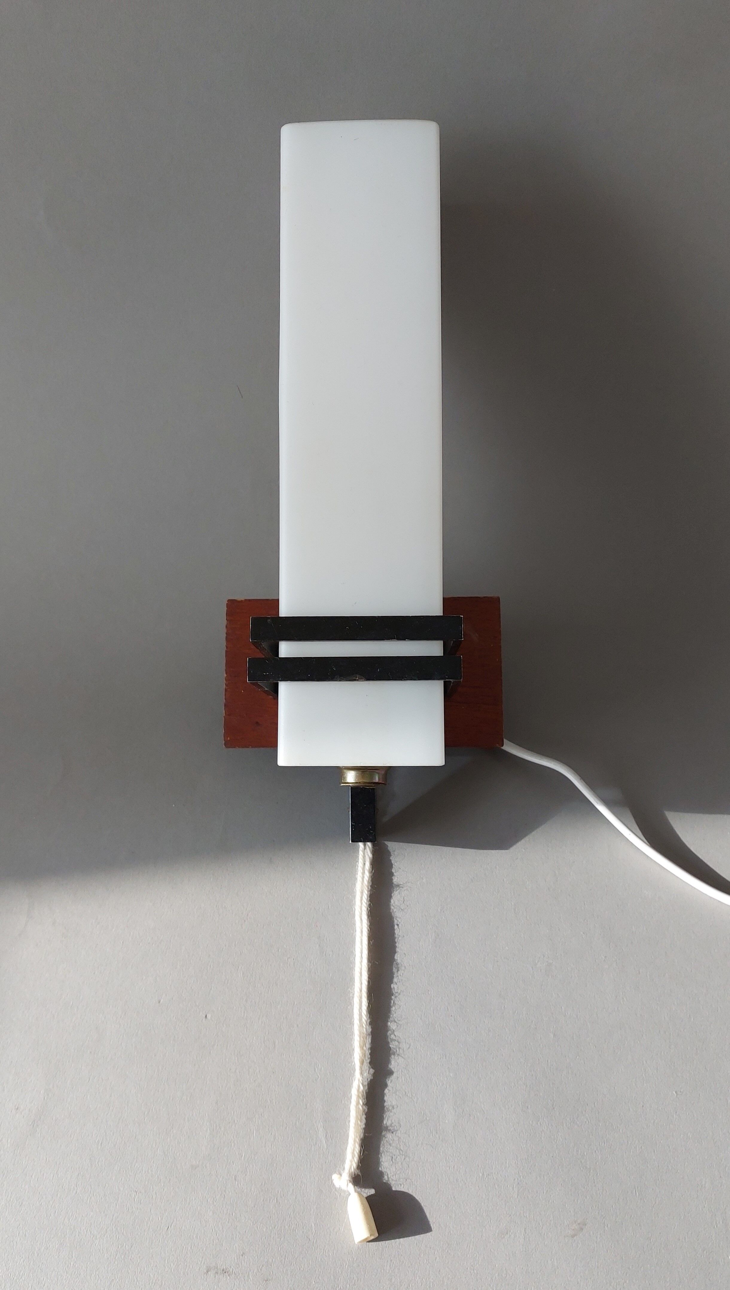 Modernist wall lamp teak, opaline and black metal 1960