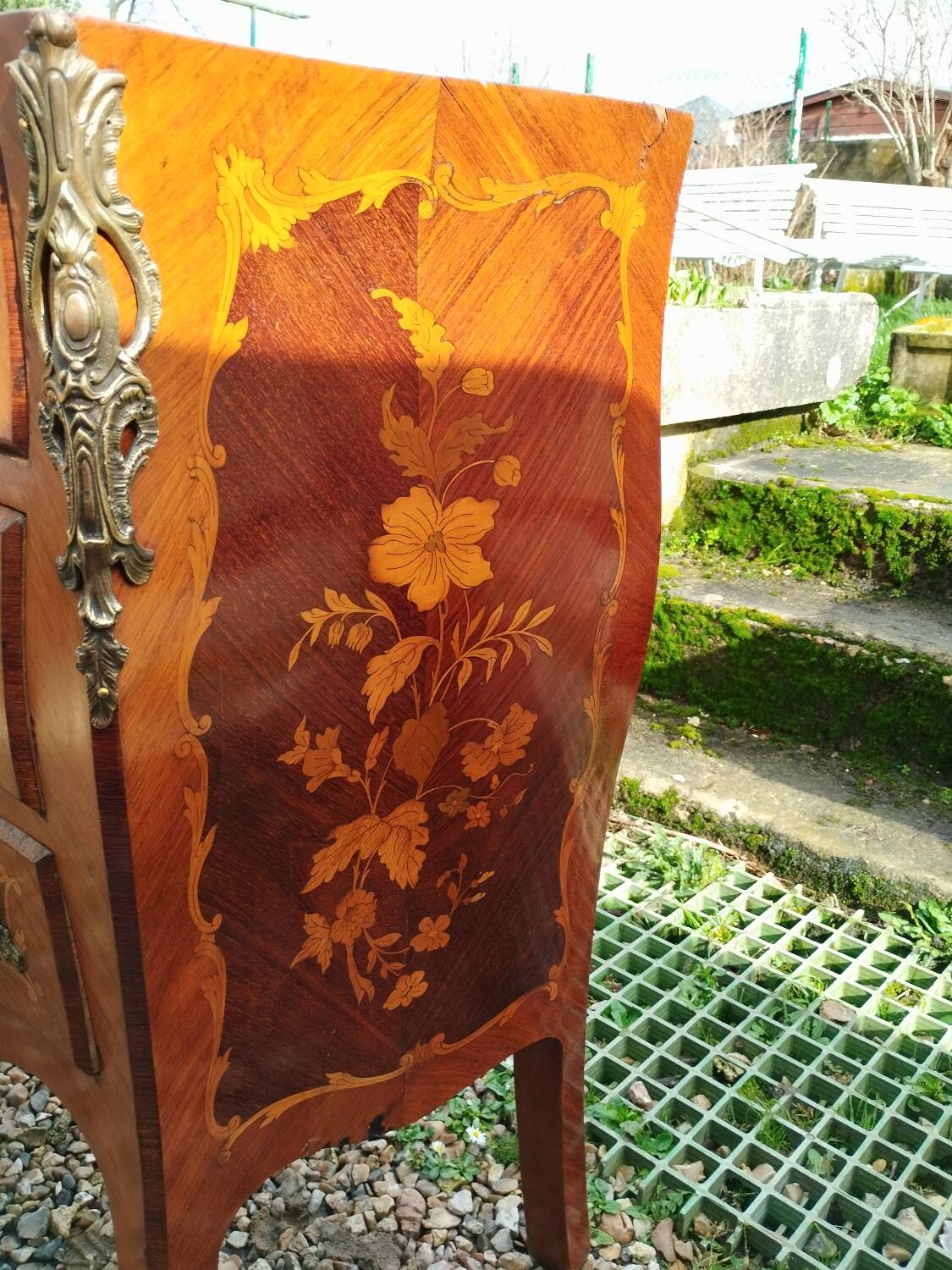 Louis xv style marble top marquetry chest of drawers
