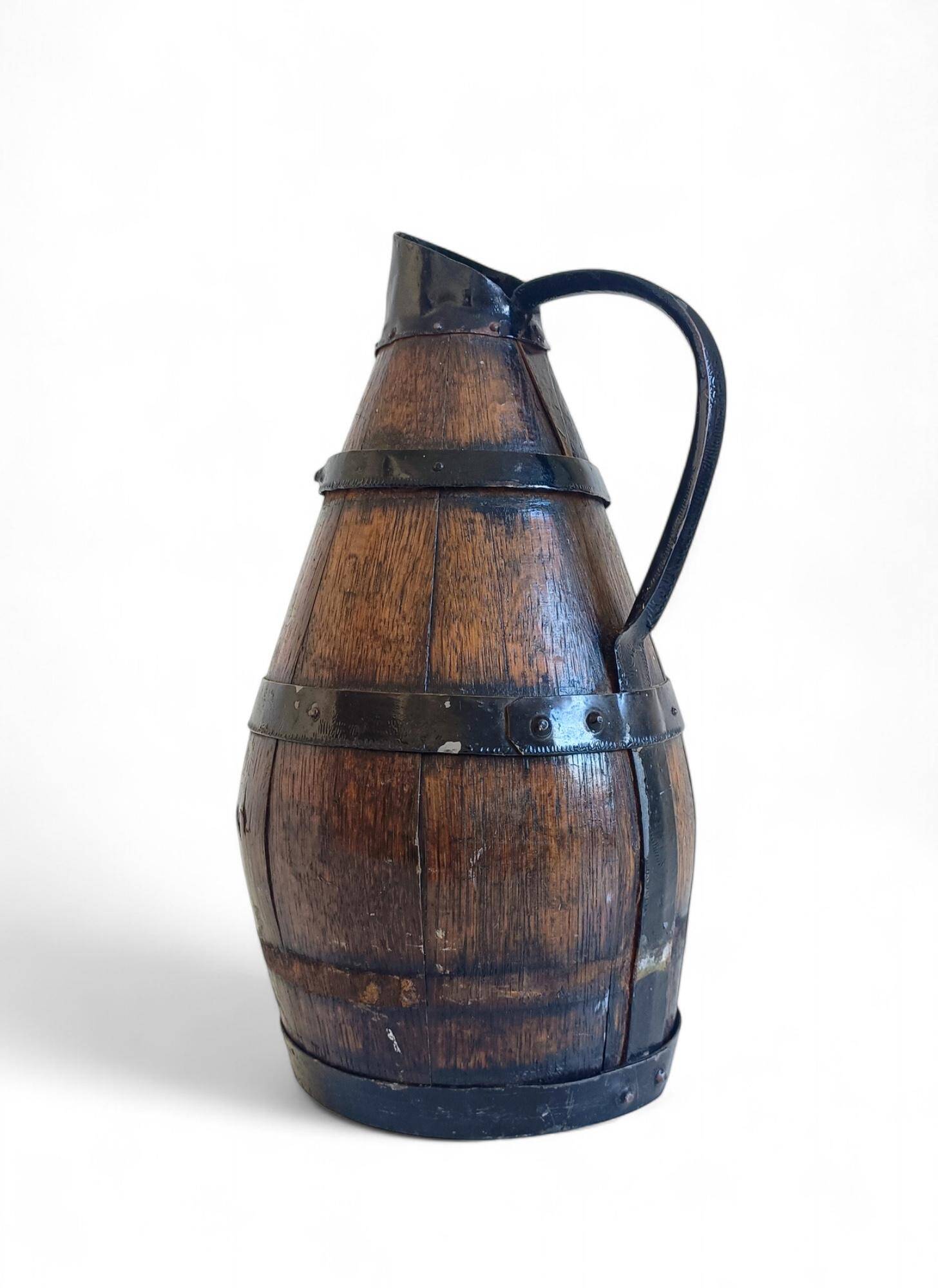 19th Century Rustic French Oak and Metal Hand-Crafted Pitcher