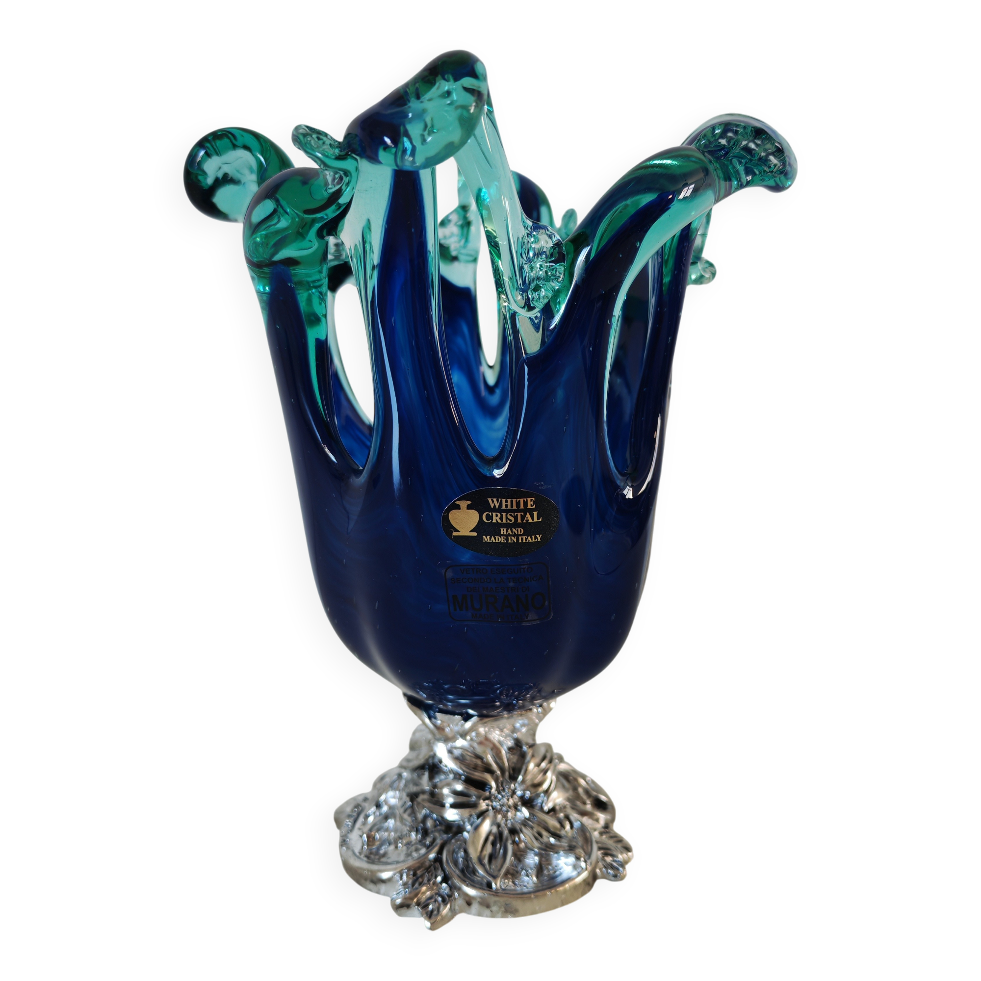 Cobalt blue & turquoise Murano vase - Italian blown glass - White Cristal