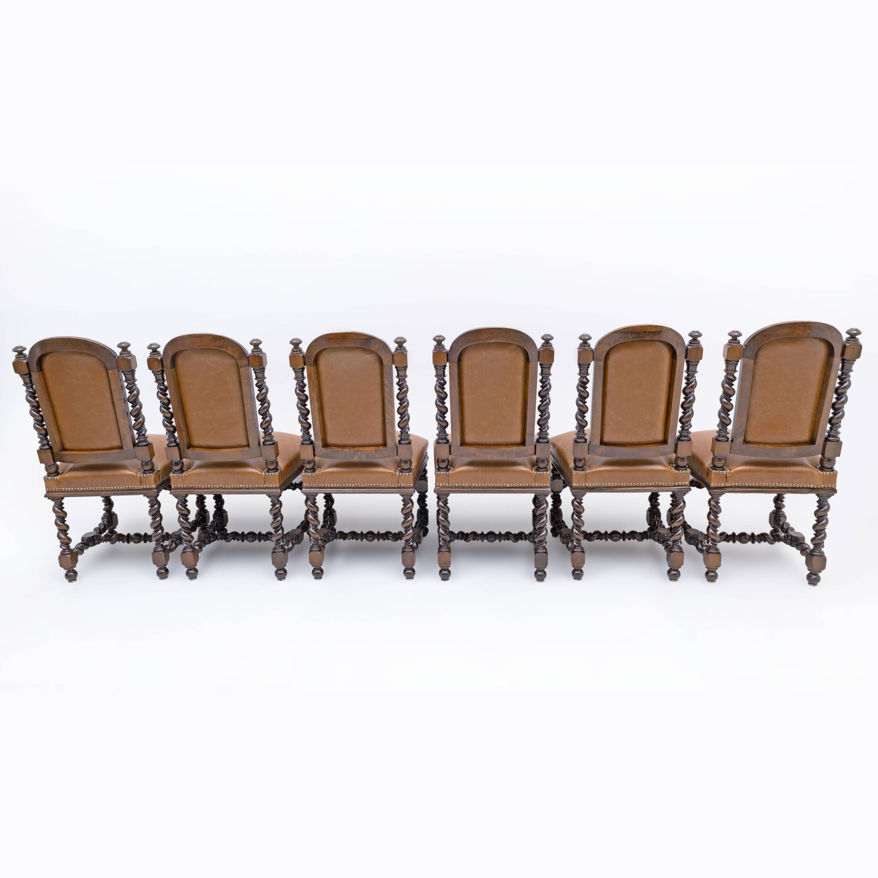 Six Antique Italian Neo-Renaissance Walnut Dining Chairs in Genuine Leather