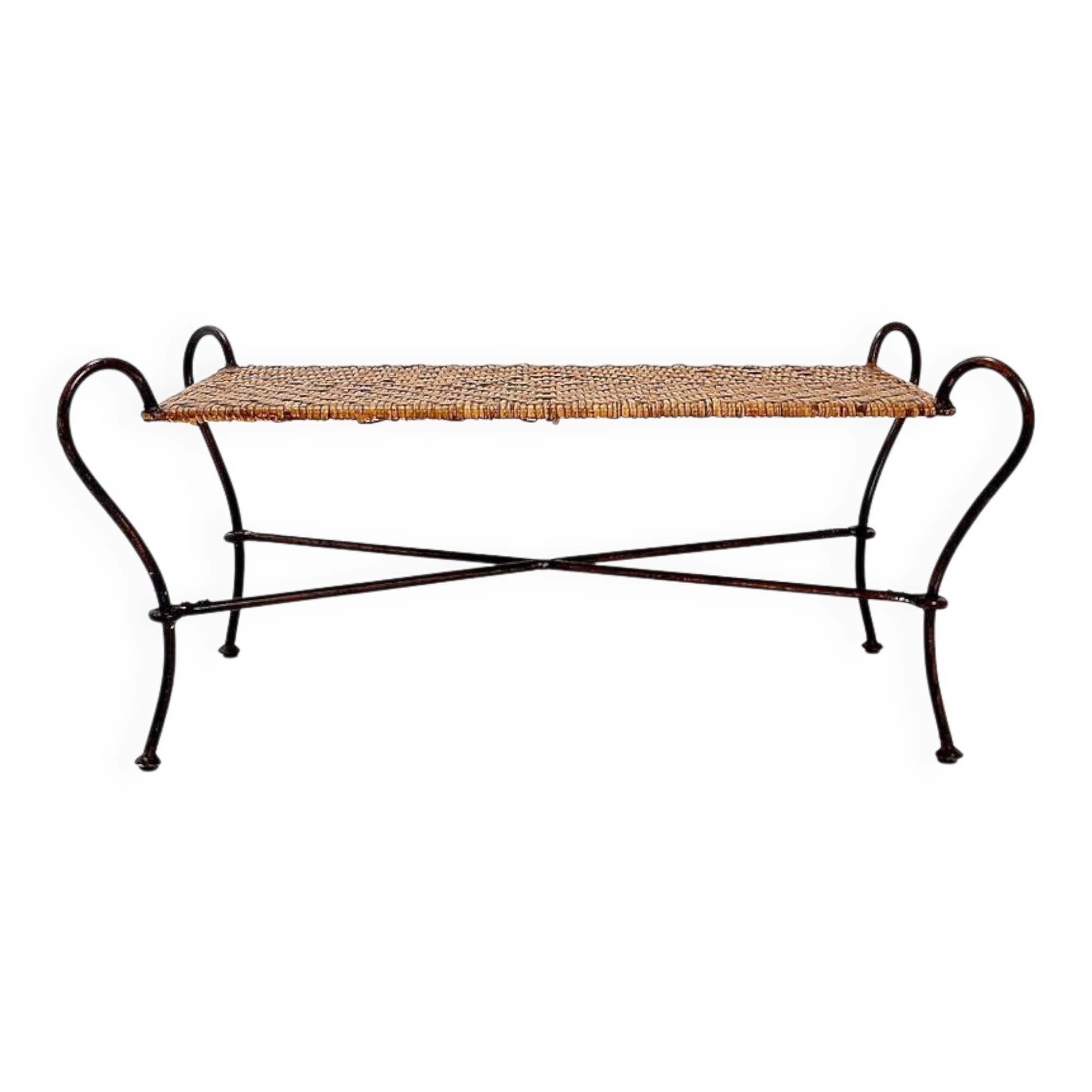 Vintage coffee table in wrought iron and woven rattan - 1970s