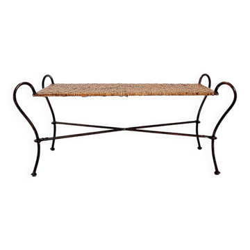 Vintage coffee table in wrought iron and woven rattan - 1970s