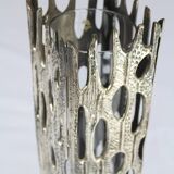 Vase sculpture "Brutalist" in metal with glass vase inside Italy 1970