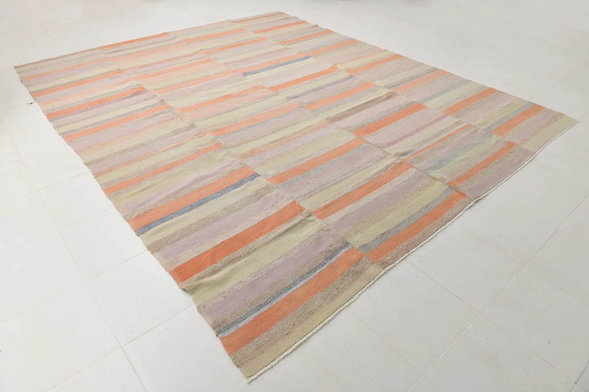 Salmon & Pink Mid Cenyury Modern Kilim Rug, Vintage Striped Boho Carpet