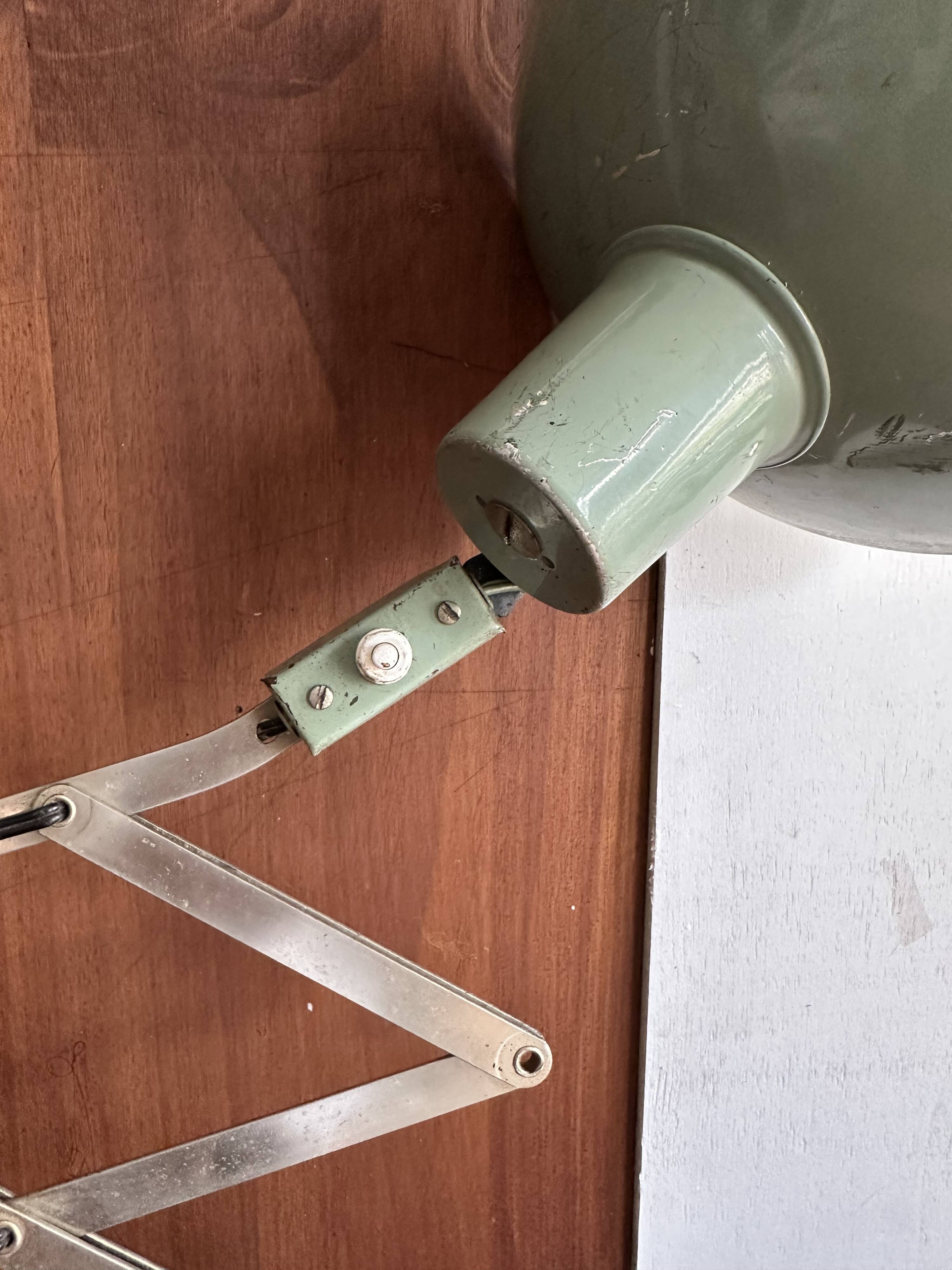 Old extendable accordion lamp in celadon green, workshop spirit.